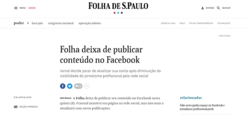  El diario brasileño Folha de Sao Pablo dejará de publicar en Facebook