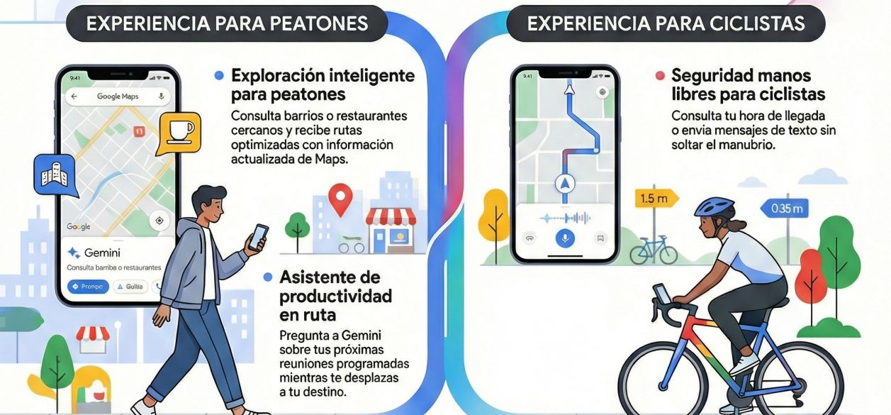 Gemini llega a Google Maps con nuevas funciones para peatones y ciclistas