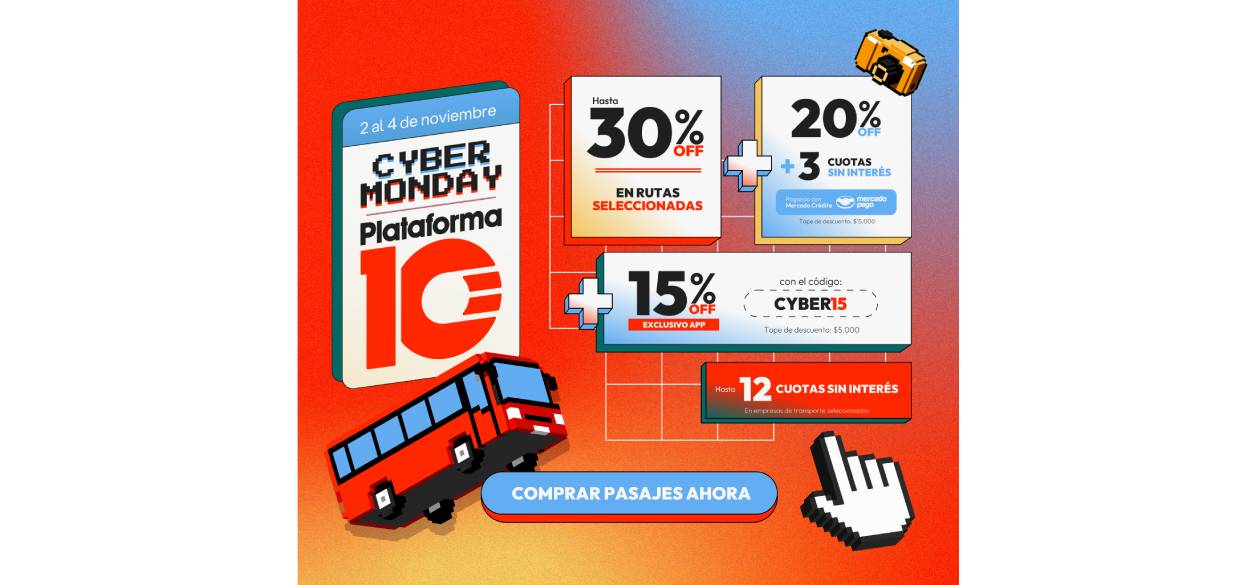 Plataforma10 se suma a Cyber Monday 2026 con descuentos y 12 cuotas sin interés en pasajes de micro